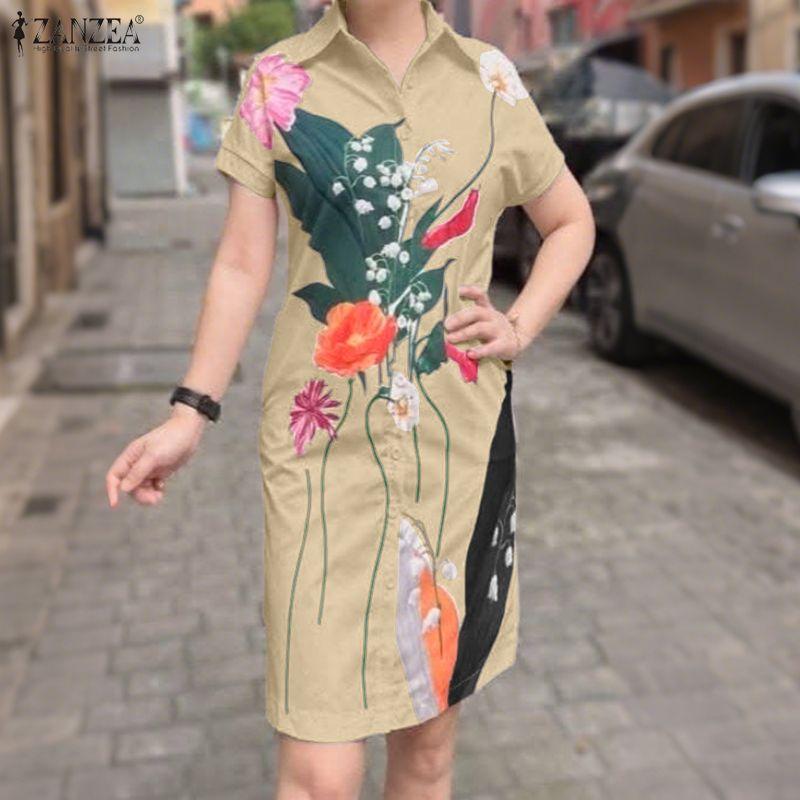 ZANZEA Women Casual Turn Down Collar Short Sleeve Print Shirt Dress