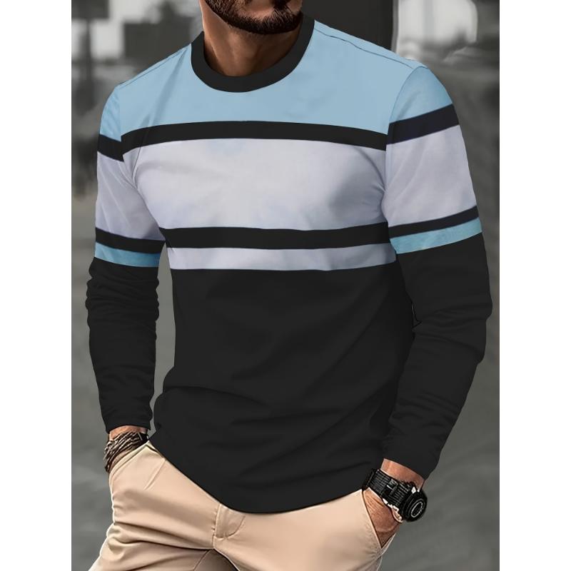 Autumn New Men's Casual Color Block Striped Round Neck Long Sleeve T-shirt Fashionable Pullover for Men Daily Wear Plus Size Top