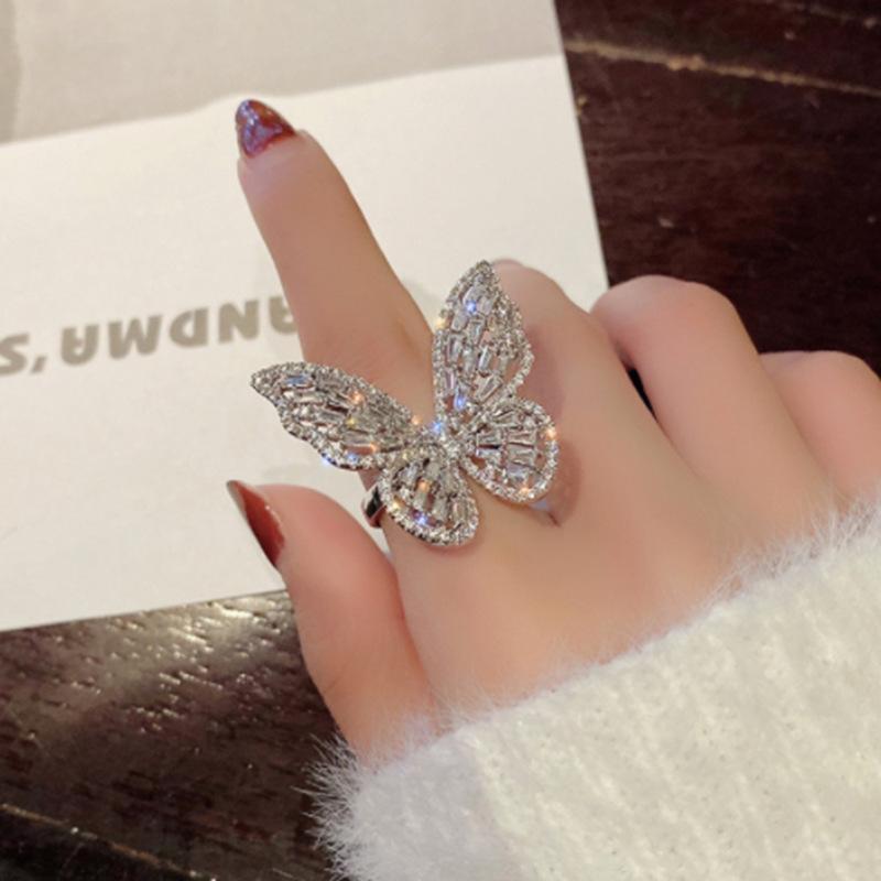 Korean Version of Fashion Full Diamond Butterfly Open Ring Hollow Gemstone Exaggerated Ring Popular Jewelry Cold Wind Ring Women