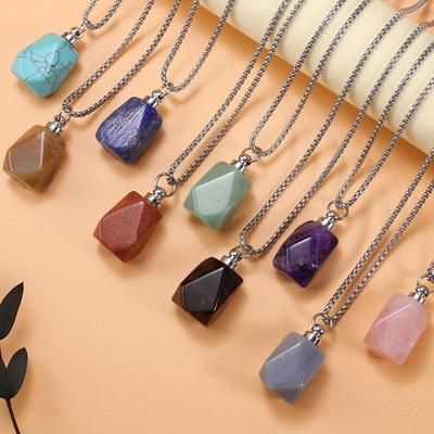 Collana con bottiglia di profumo Pietra naturale Quarzo rosa/Agate Poligono Bottiglia di olio essenziale Collana da donna Catene 60 CM