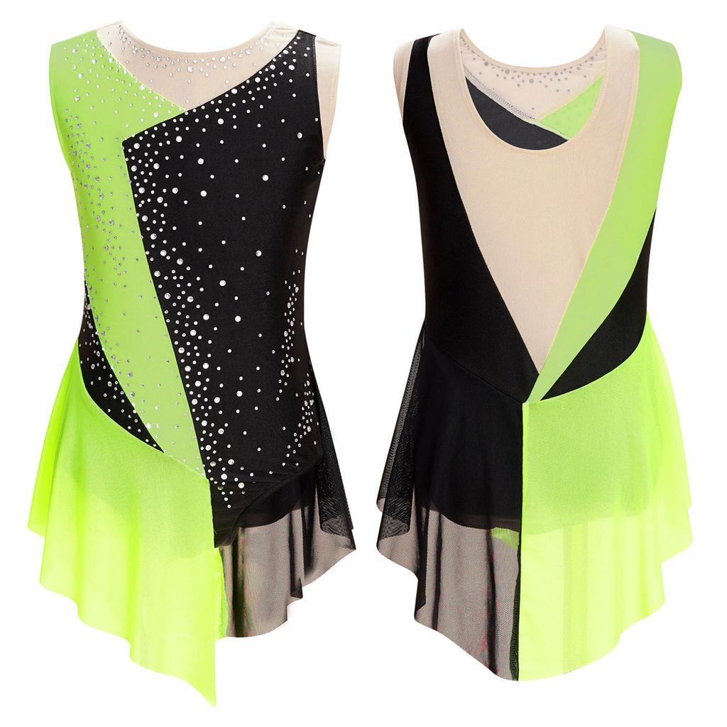 Kids Girls Sparkly Rhinestone Leotard Sheer Mesh Patchwork Sleeveless Dance Gymnastics Figure Skating Dress