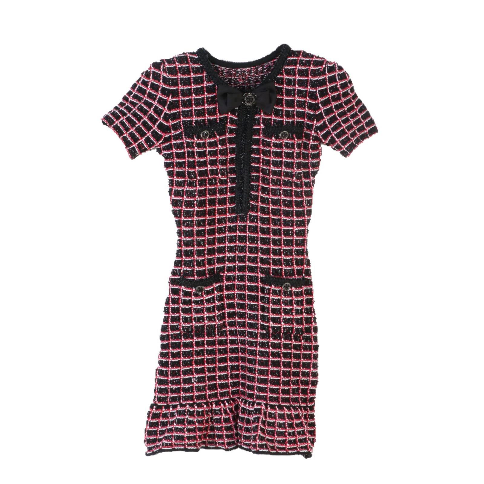 

French Short-Sleeve Bow Slim-Fit Little Fragrance-Style Round Neck Skirt Medium