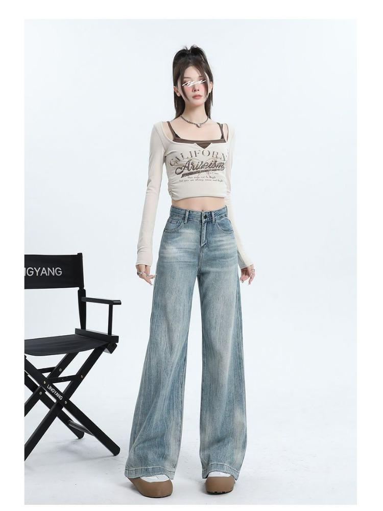 

Винтажные широкие джинсы Женские Весенне-осенние с высокой талией Свободные Летаргичные Ветрозащитные Драпирующиеся Не прилегающие Прямые Длинные Джинсовые Брюки 4XL