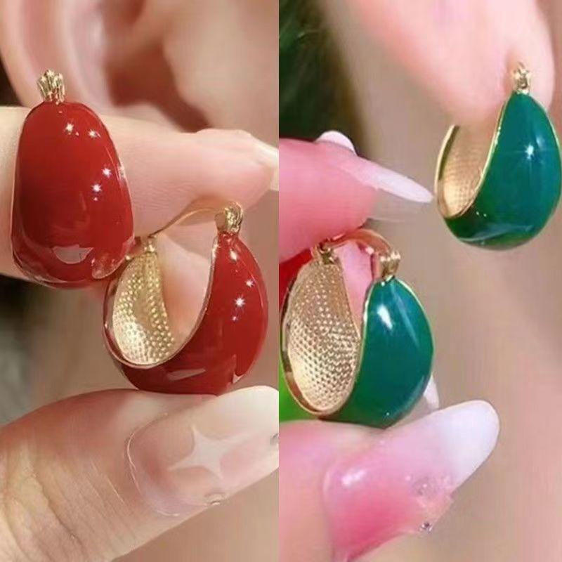 

Винтажные серьги-подвески из глазури цвета красного вина зелёный