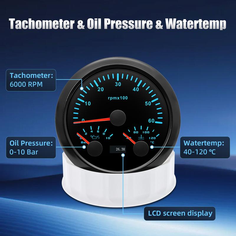 ZMFJH 3000~8000RPM 85MM Tachometer+Oil Pressure+Water Temp Gauge with Sensor 7 Color Light MultiMeter 0~10Bar for Car Boat 9-32V