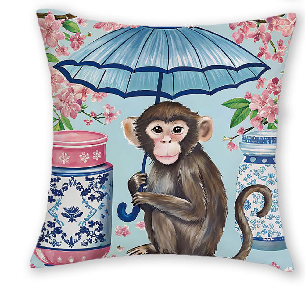 1/4pcs 2D Flat- Chinoiserie Monkey Holding Blue Umbrella Decorative Throw Pillow Cover Home outdoor decoration cushion cover