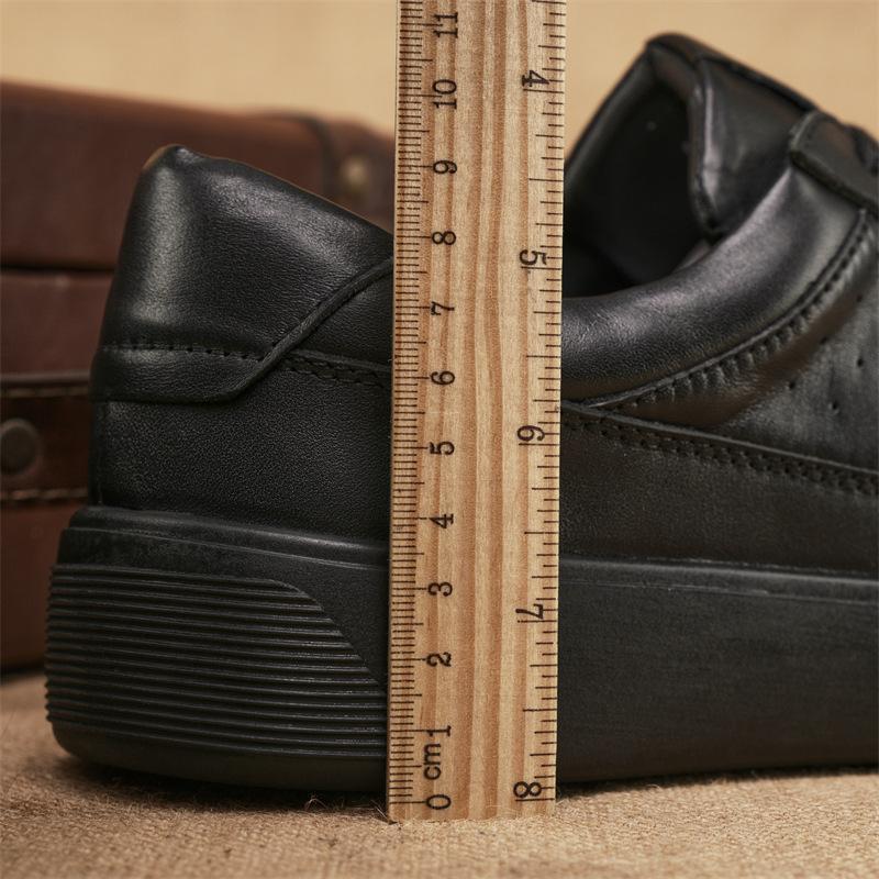 Trendy Leather Black Sneakers for Men's Casual Leather Shoes Height Increasing Thick Soled Small Black Shoes Low Top Casual Sneakers