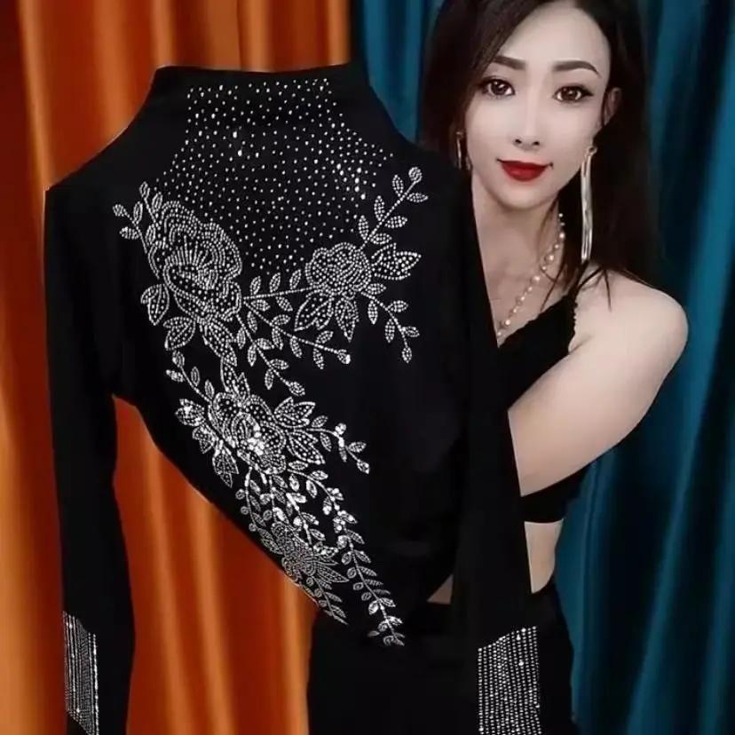 Autumn Winter Fashionable Half Turtle Neck Solid Color Diamond Embellished Base Belly Covering XL чёрный