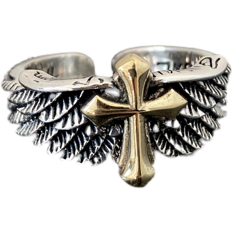 1Pc Wings Cross Graffiti Letters Open Ring Domineering Personality Men's Ring