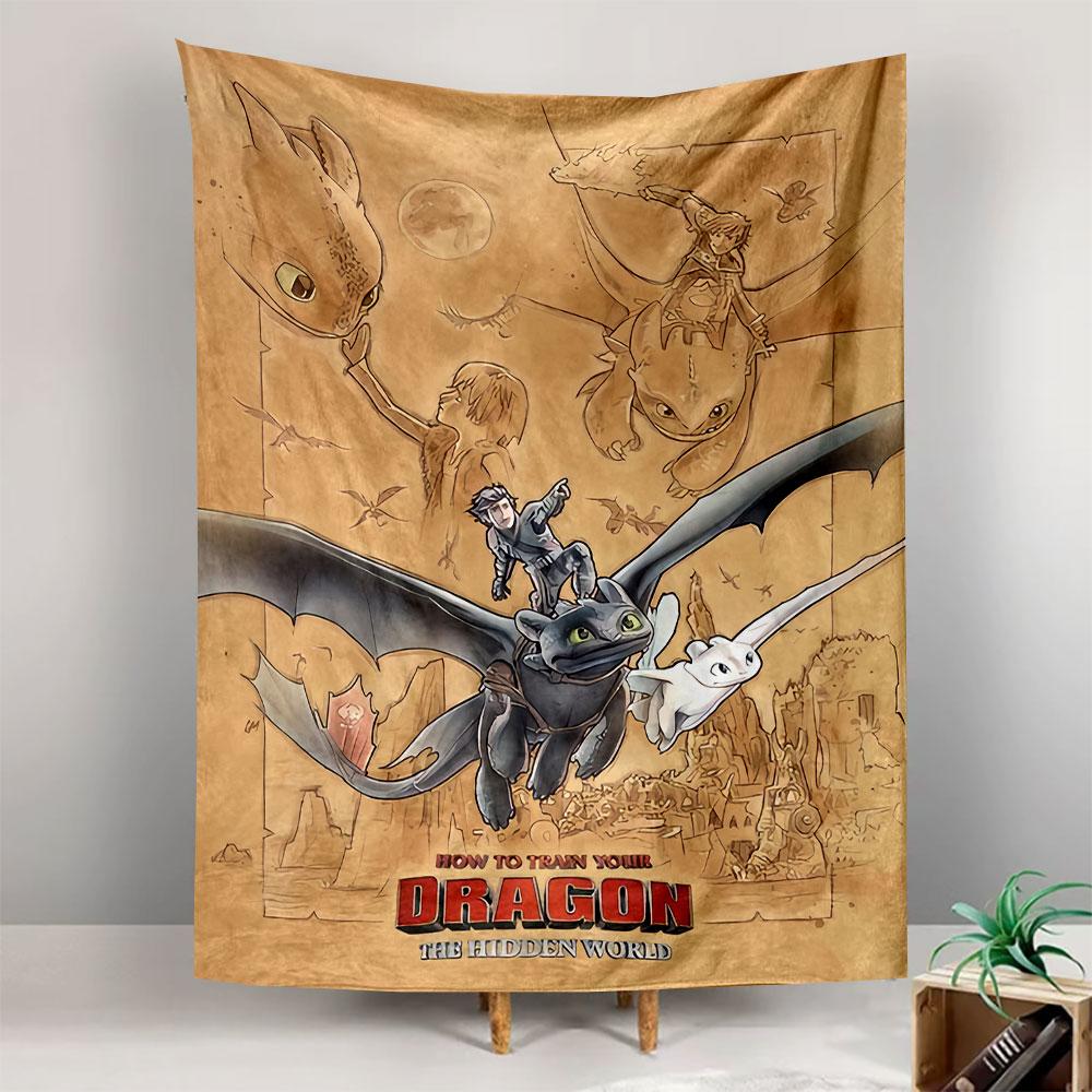 How to Train Your Dragon Hidden World Poster Tapestry Wall Hanging, Dragon Family Flight Art, Fantasy Wall Decor for Bedroom