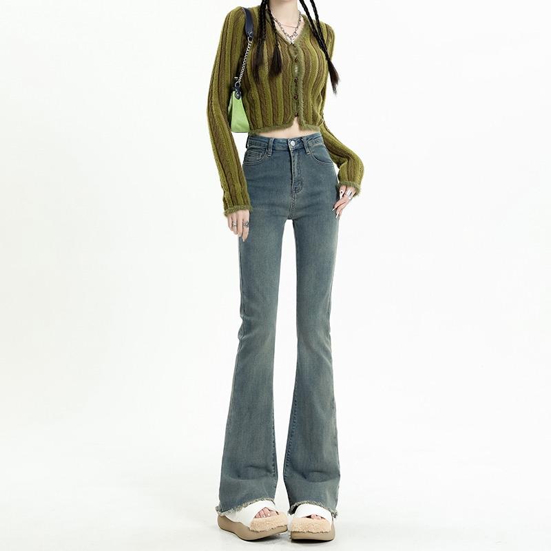 

High Waist Retro Micro-Flare Jeans for Women - Slim Fit Petite Trousers with Raw Hem Extra Large