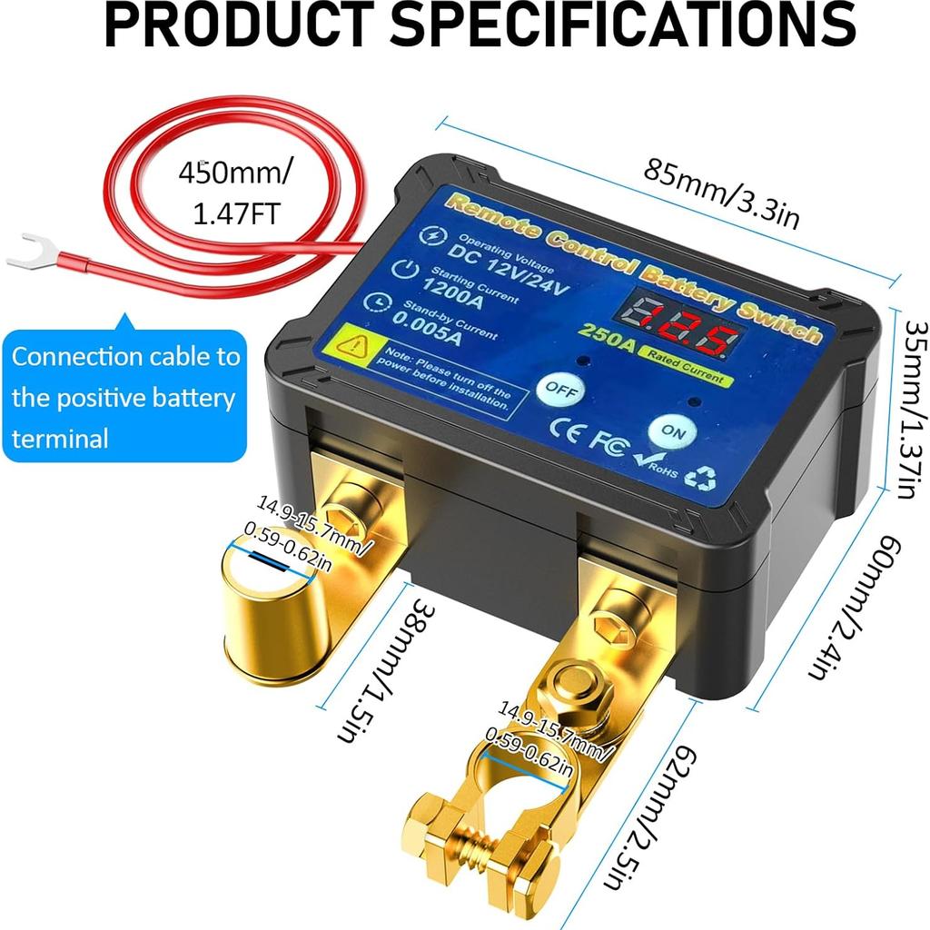 Remote Battery Disconnect Switch 12V, 240A, Upgrade Smart Voltage Car Kill Switch Anti-Theft, Prevent Battery Drain, For Car, Truck, RV