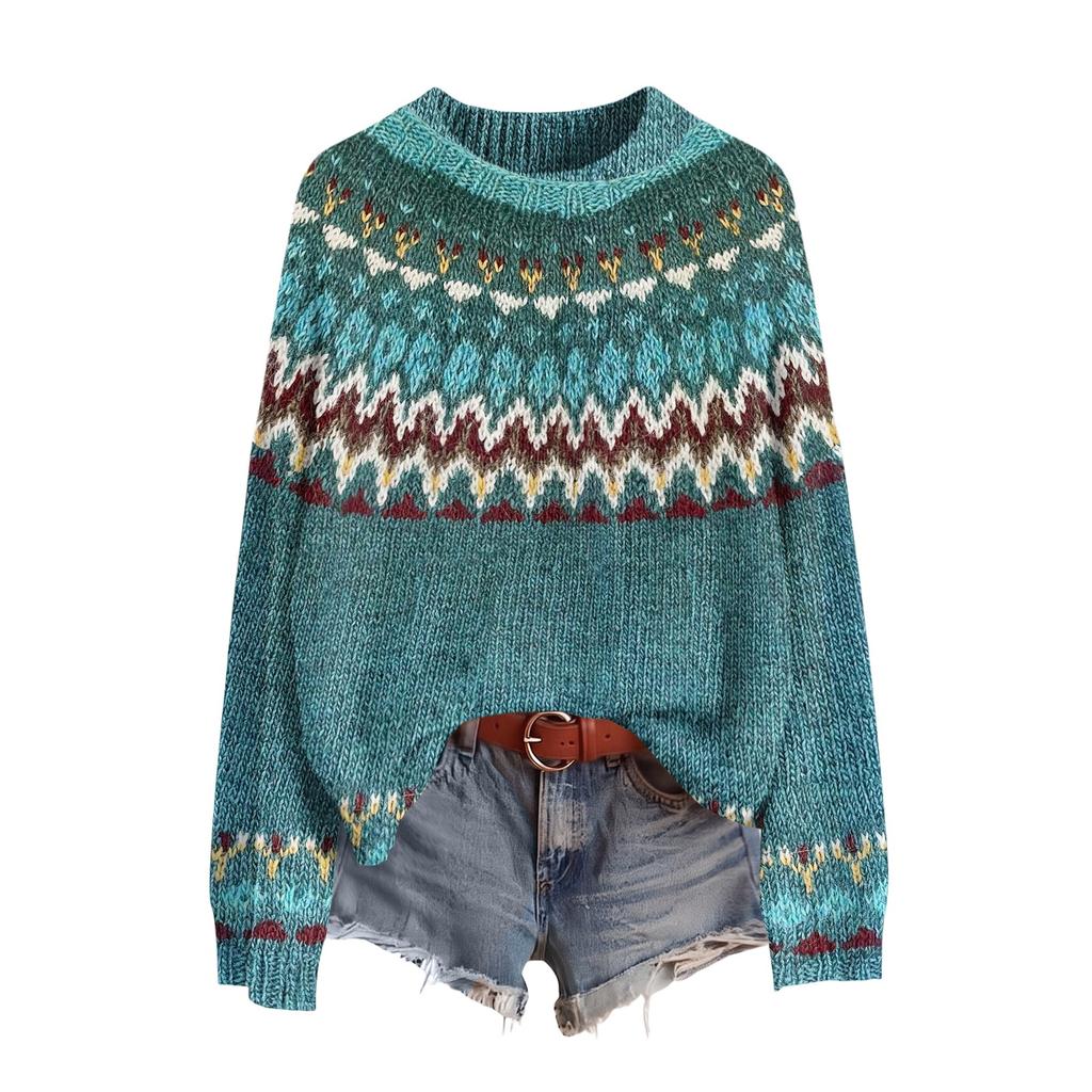 Women's Casual Long Sleeve Round Neck Soft Printed Sweater Pullover for Fall Winter