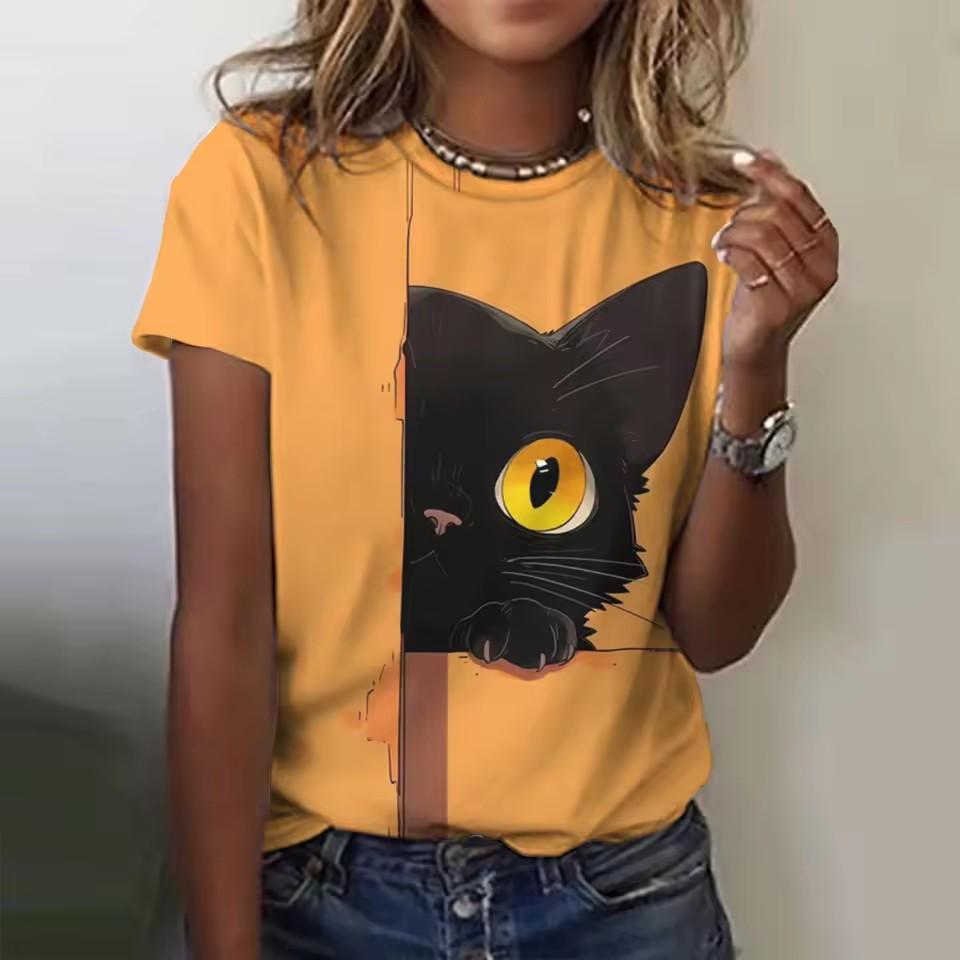 Summer Round Neck 3D Animal Cat Print Top Fashionable Casual Short Sleeved Women's T-shirts