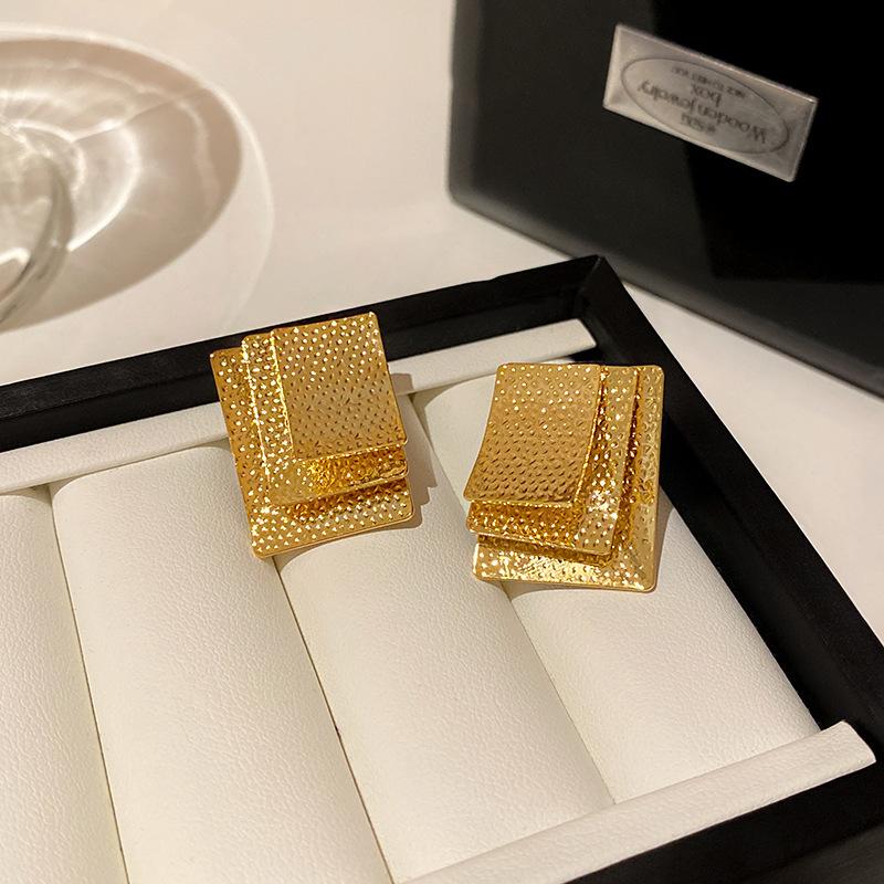 Real gold electroplated metal sense geometric earrings designer three-layer square superimposed stud earrings