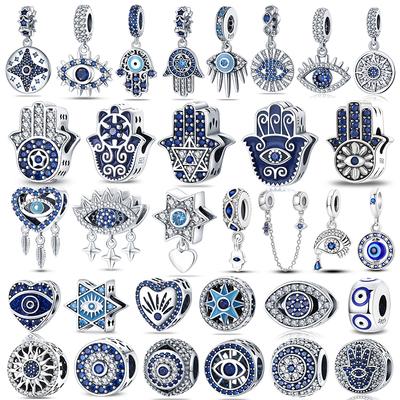 925 Sterling Silver Evil Eye Charm Blue Zircon Hamsa Hand Beads Bracelet DIY Jewelry Pendant