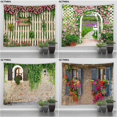 Landscape Tapestry Flowers Plant Retro Style Old Door Rural Scenery Wall Hanging Big Tapestries Bedroom Background Decor Blanket
