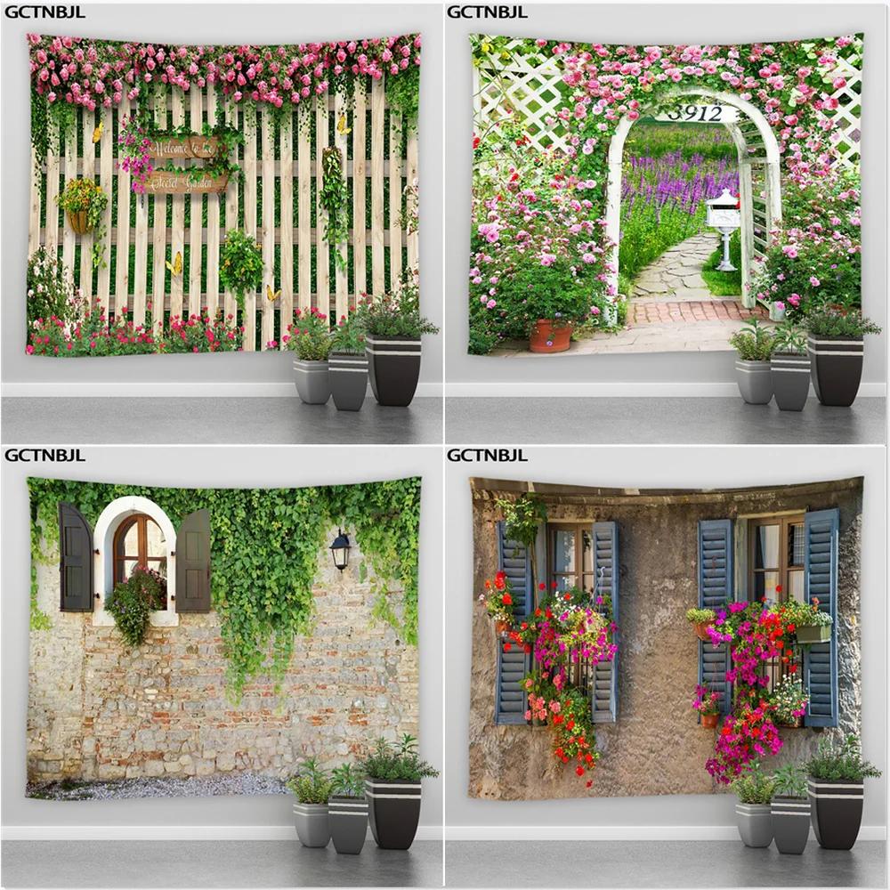 Landscape Tapestry Flowers Plant Retro Style Old Door Rural Scenery Wall Hanging Big Tapestries Bedroom Background Decor Blanket