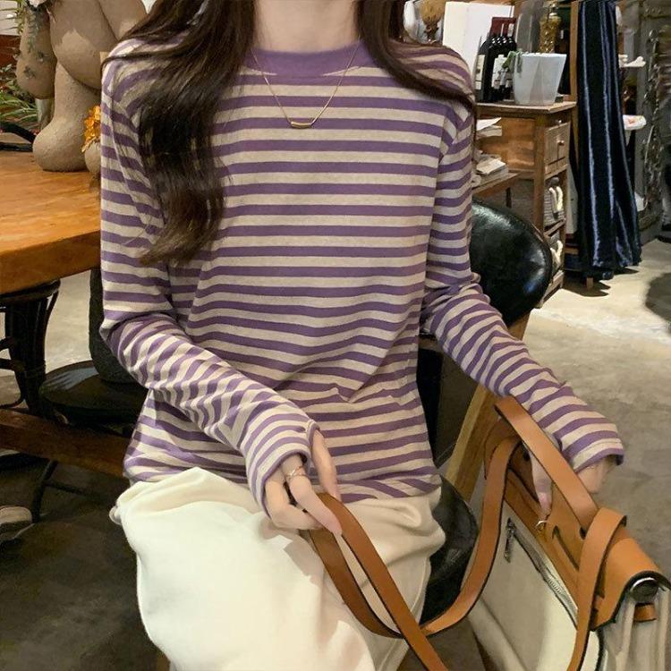 Stitched Contrasting Striped T Shirt for Women Spring Autumn New Fashion Chic Irregular Cuff Design S
