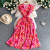 French Retro Stem Orange Printing V-neck Flying Sleeve Dress Women's Summer Strap Waist Thin A-shaped Long Dress