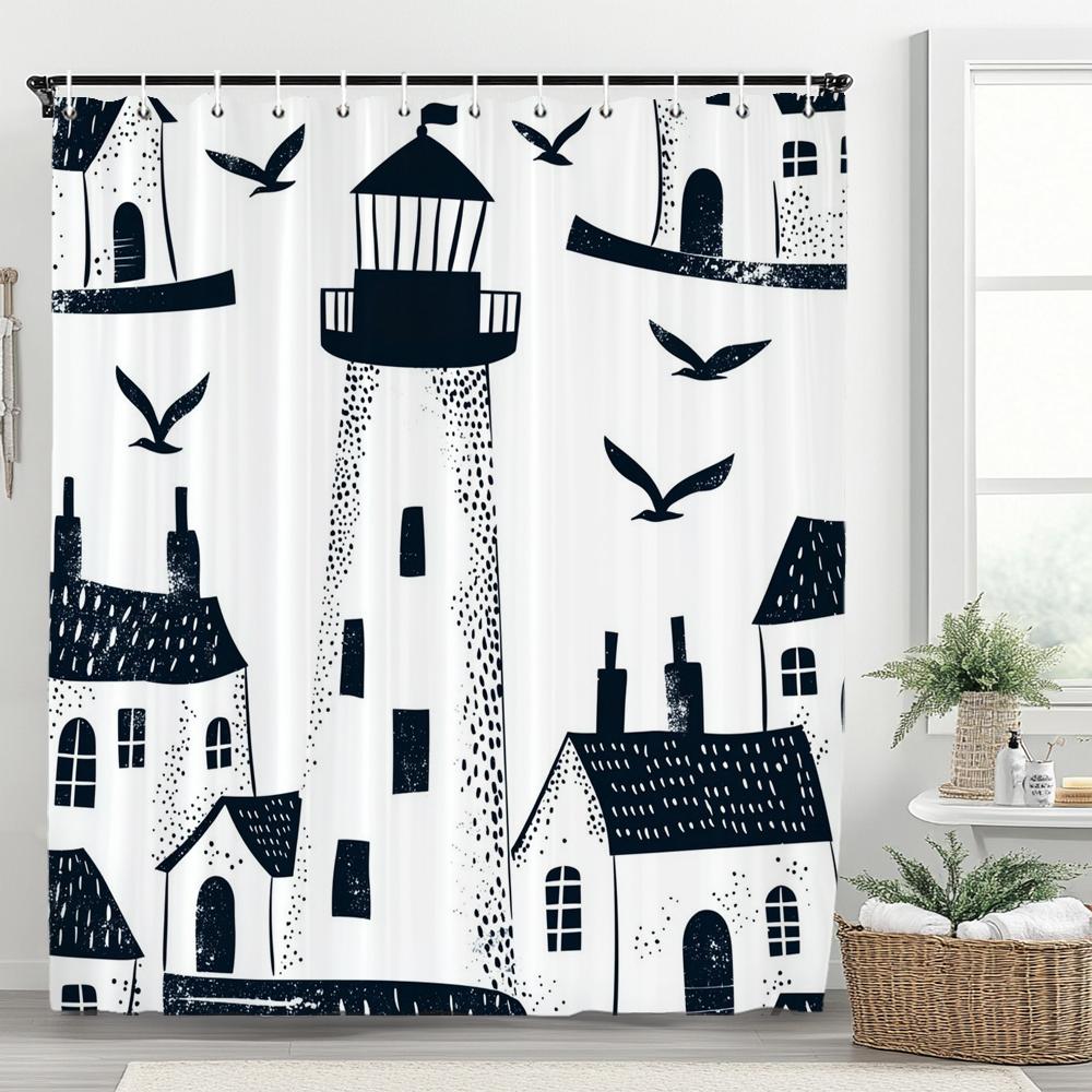 Simple Ocean Lighthouse Style Printing Shower Curtain, Bathroom Decorative Shower Curtain, Waterproof Shower Curtain with Hooks