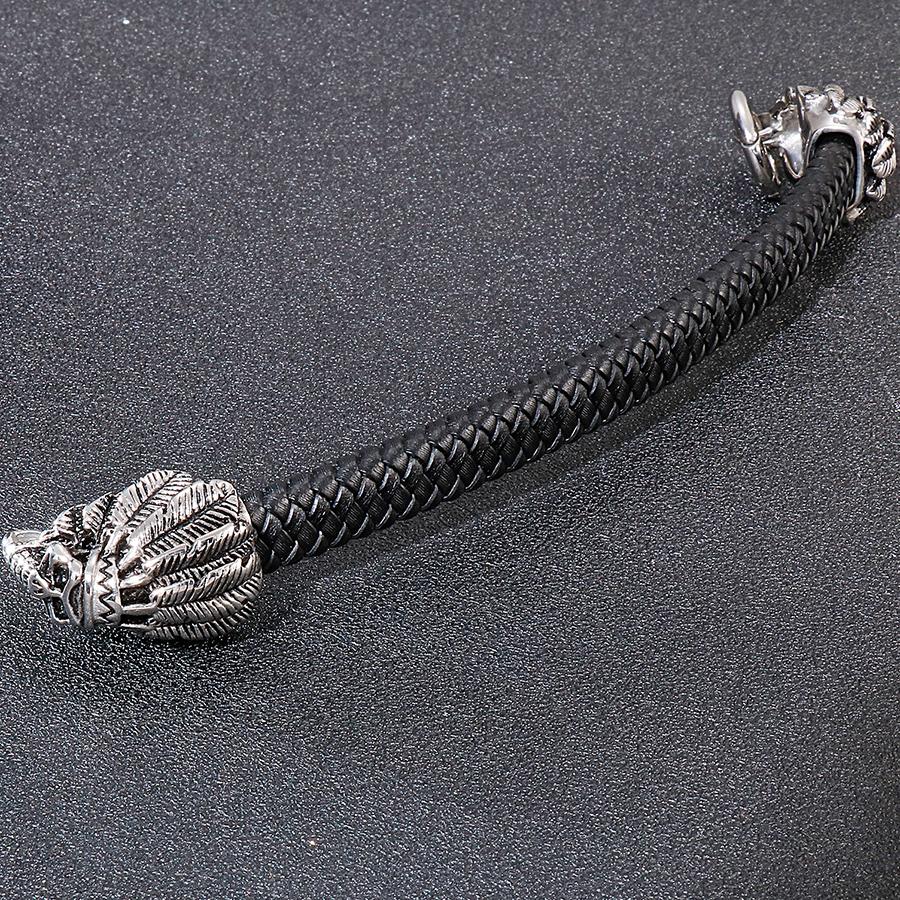 Gothic Punk Style Double Skull Head Bracelet for Men Retro Stainless Steel & Braided Leather Men's Wrap Bracelets Jewelry Accessory