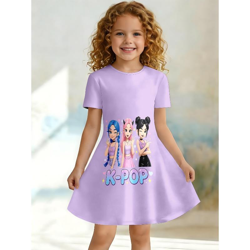 Cute K-Pop Idol Anime Printed Short Sleeved Dress Children's Purple Casual Summer Outfit Suitable for Birthday Gifts and Parties