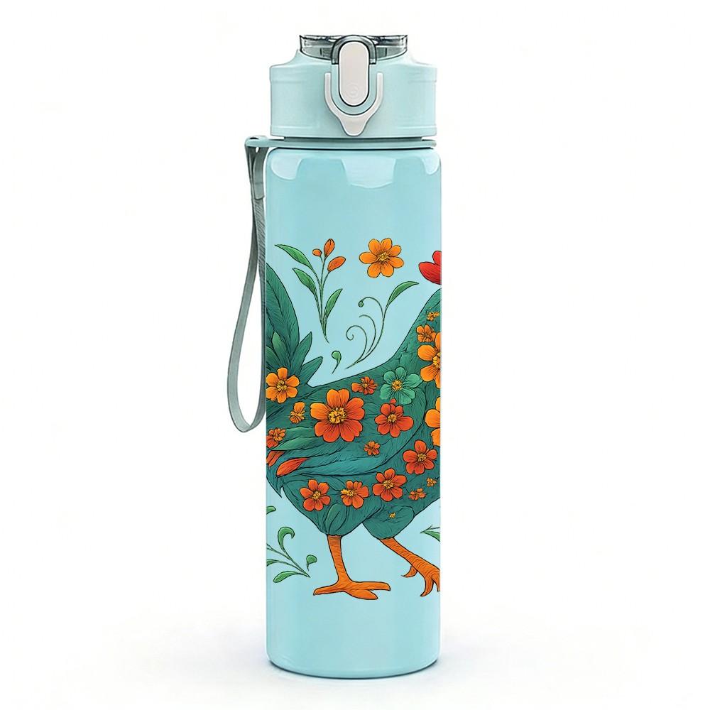1PC Folk Colorful Rooster Print 750ml Color Plastic Sports Water Bottle Leakproof Flip Straw Lid Suitable for Sports Office Home Use