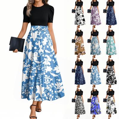 Women's Fashion Casual Belted Round Neck Short Sleeve Floral Patchwork Elegant Dresses