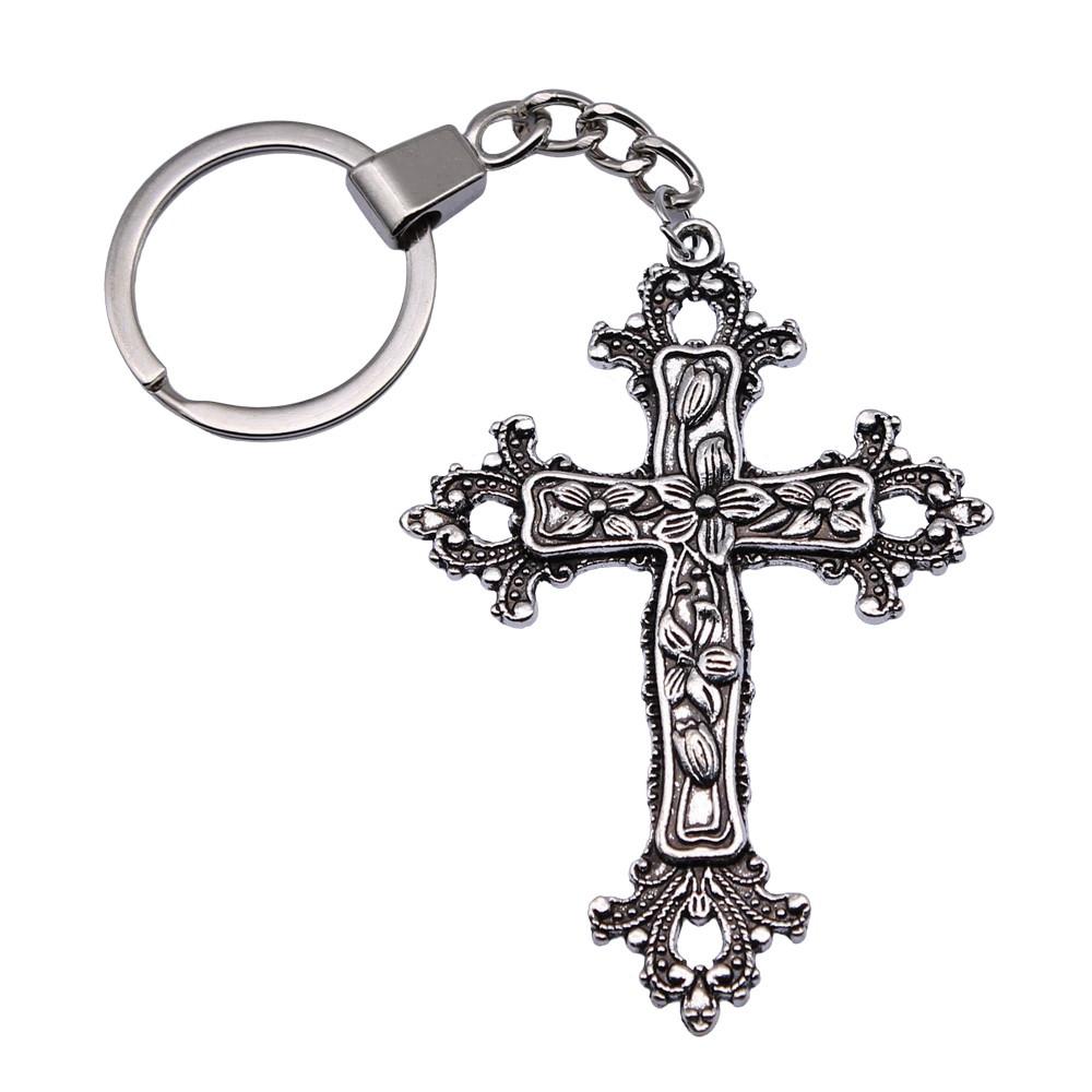 Gothic Floral Cross Keychain Religious Theme Pendant Key Ring 30mm Ring