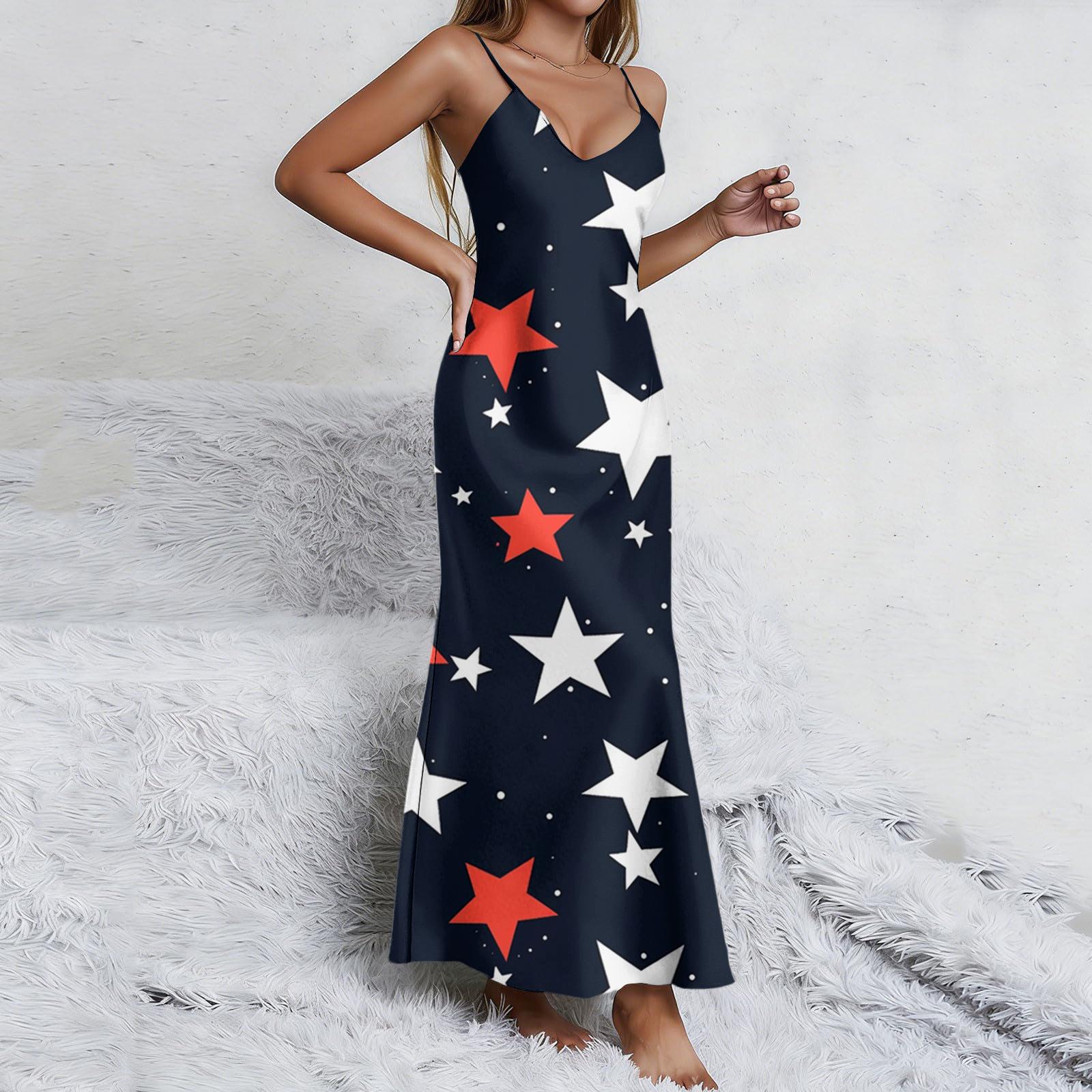 Women’s Sleeveless Maxi Dress with Adjustable Spaghetti Straps Large Star Print Relaxed Fit V Neck Long Dress L