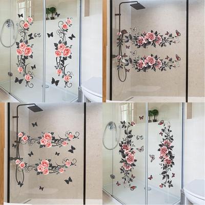 Bathroom Wall Decals Sticker, Rose Butterfly Flower Wall Stickers, Waterproof Rose Butterfly Vine Glass Stickers For Bedroom Restroom DIY Decoration