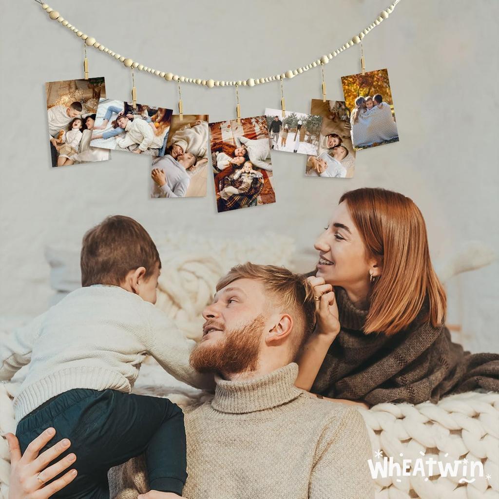 Wall Hanging Photo String with Clips, Office Cubicle Decor, Art Display for Kids Artwork, Boho Wooden Bead Garland Picture String with Clips, Kids