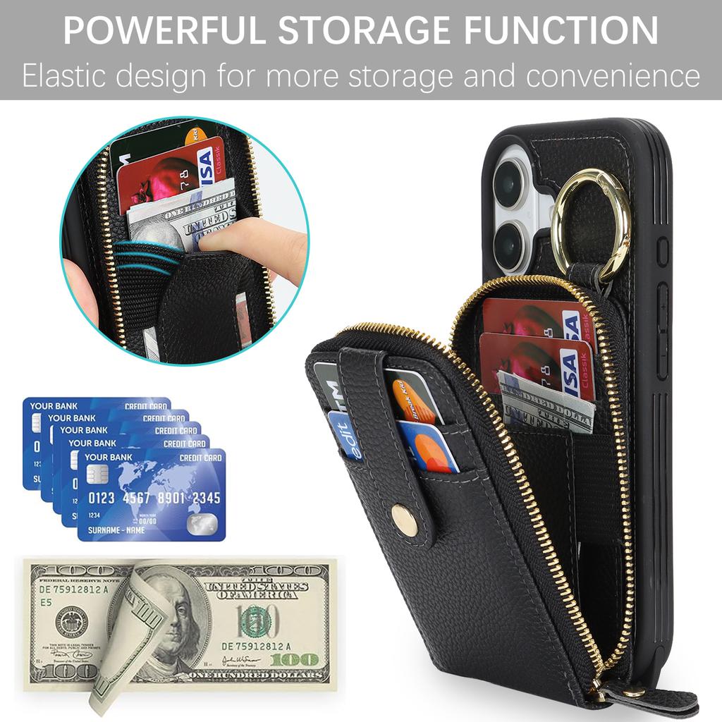 For iPhone 17 Case with Zipper Pouch / Ring Kickstand / Strap Litchi Texture PU + TPU Phone Cover