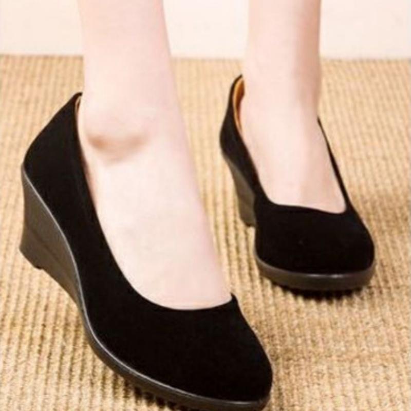 women cute light weight high quality black anti skid slip on wedge heel shoes lady leisure sweet comfort heel shoes ab207
