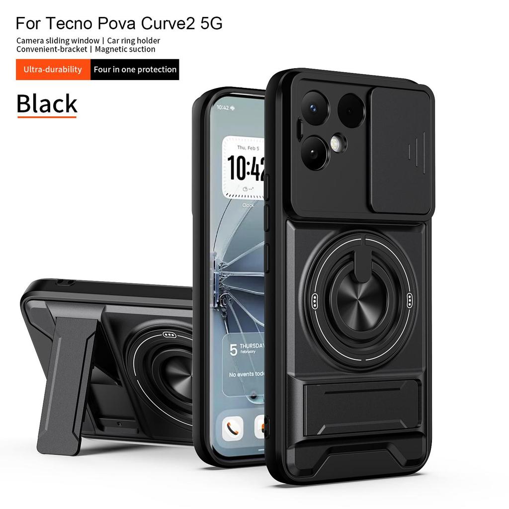 Slide Camera Cover Compatible for Tecno Pova Curve 2 Case With Built-in Ring Stand and Folding Stand