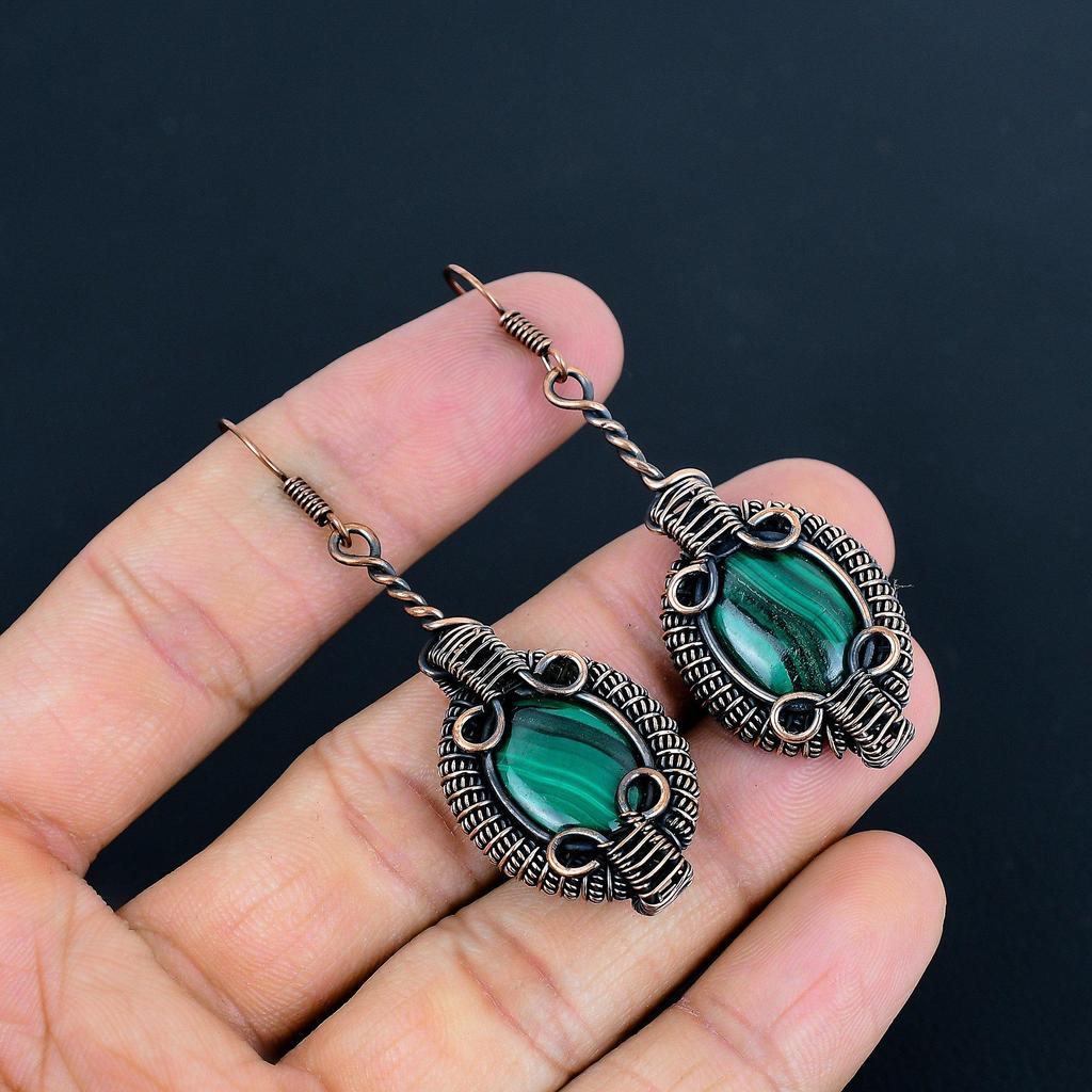 Malachite Earrings, 999 Copper Wire Wrapped Jewelry, Gift For Women Handmade Earrings Gemstone Jewelry
