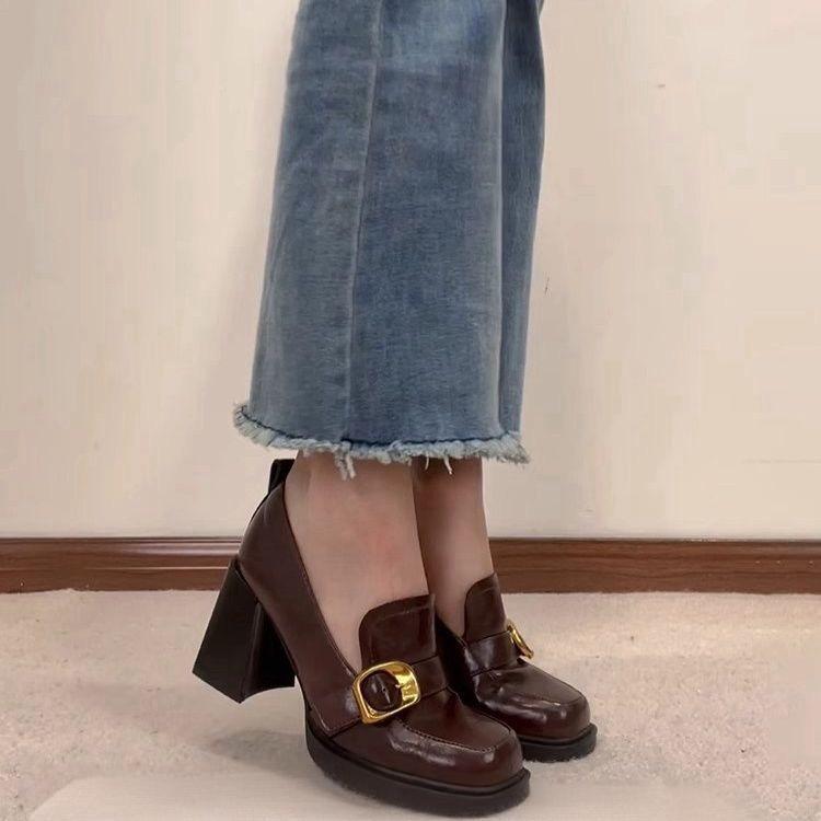 Square head high heel small leather shoes versatile thick heel one pedal love college style Japanese jk metal buckle