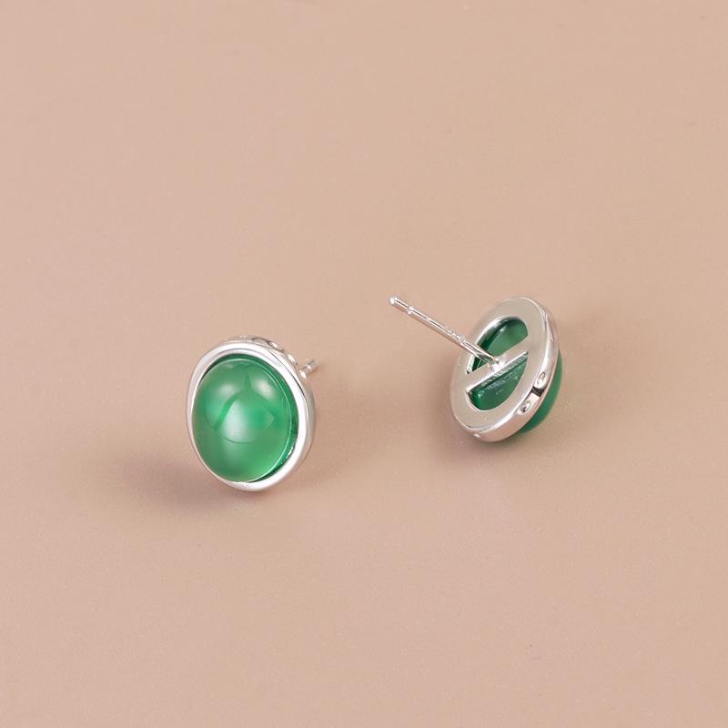 S925 Sterling Silver Green Chalcedony Egg-Shaped Earrings - Elegant, Retro, Versatile Women's Accessories for Mother's Day.