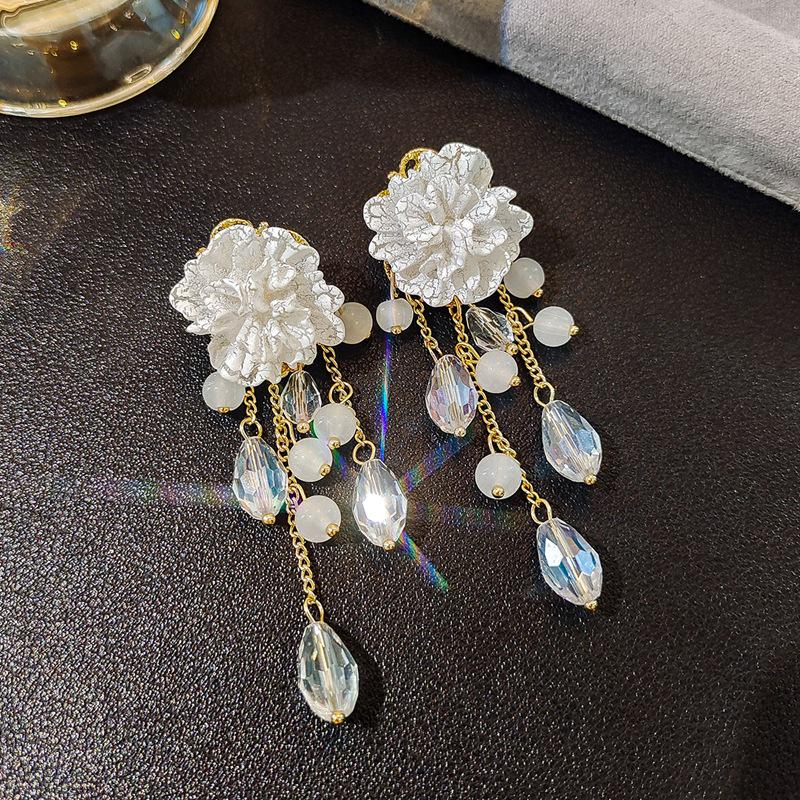 

2025 Diamond Geometric Flower Tassel Earrings – Korean Cold Style, Light Luxury for Women