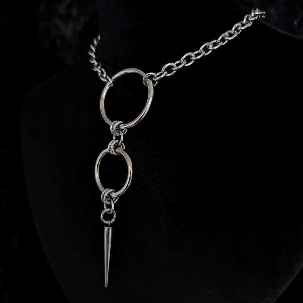 Punk Personality Silver Stainless Steel Circular Ring Long Rivet Pendant Choker Necklace for Men Women Jewelry Accessories