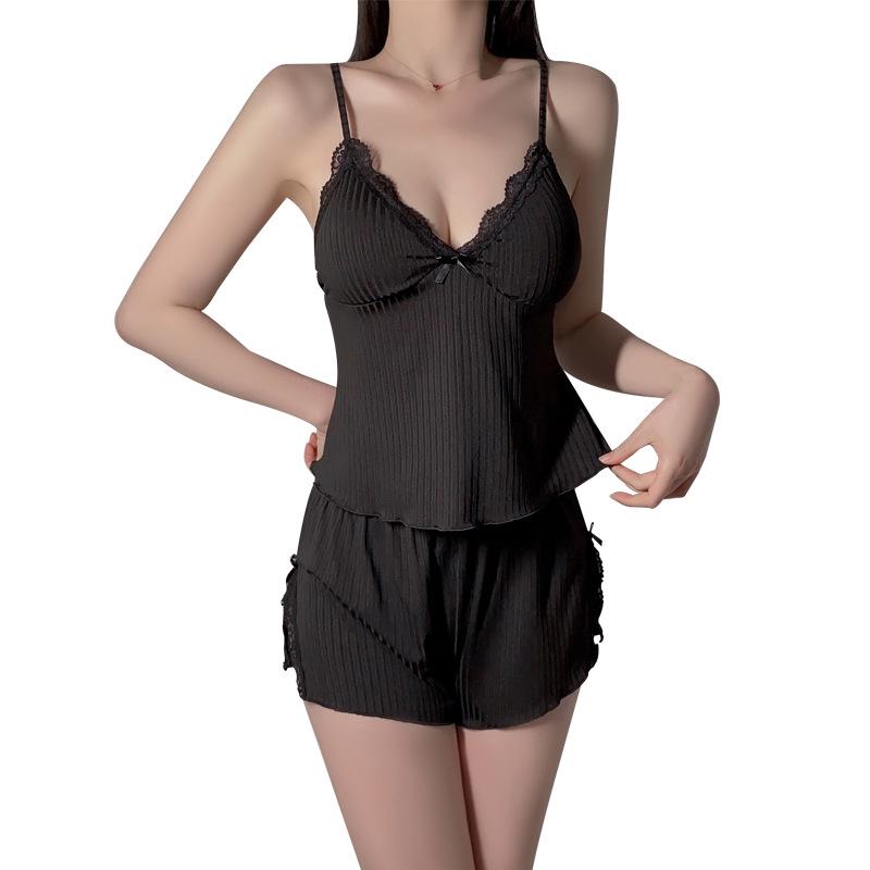 Stunning Deep V Lace Cami Top & Elastic Waist Slit Shorts Set