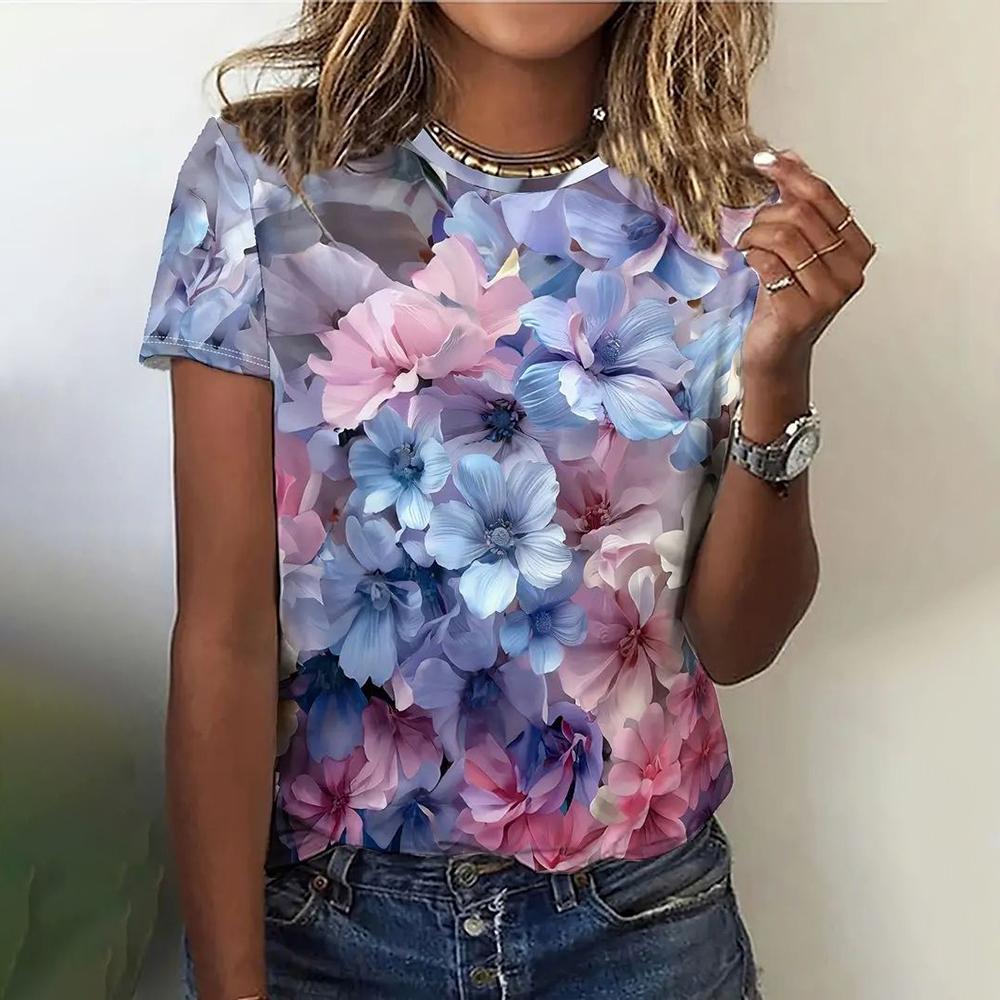 Fashion 3D Floral Print T Shirt for Women Summer Short Sleeve Tees Casual O-Neck Loose Short Sleeve Ladies Top