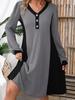 Spring European & American V-Neck Buttoned Striped Loose Knit Dress - Long Sleeve Casual