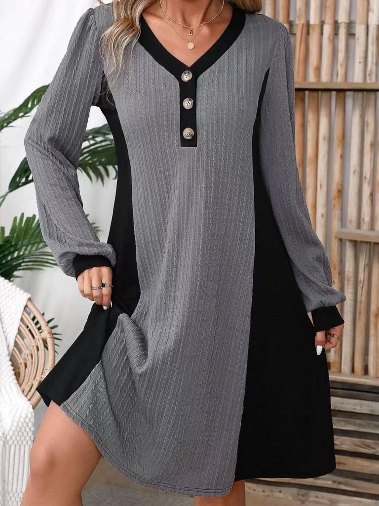 Spring European & American V-Neck Buttoned Striped Loose Knit Dress - Long Sleeve Casual