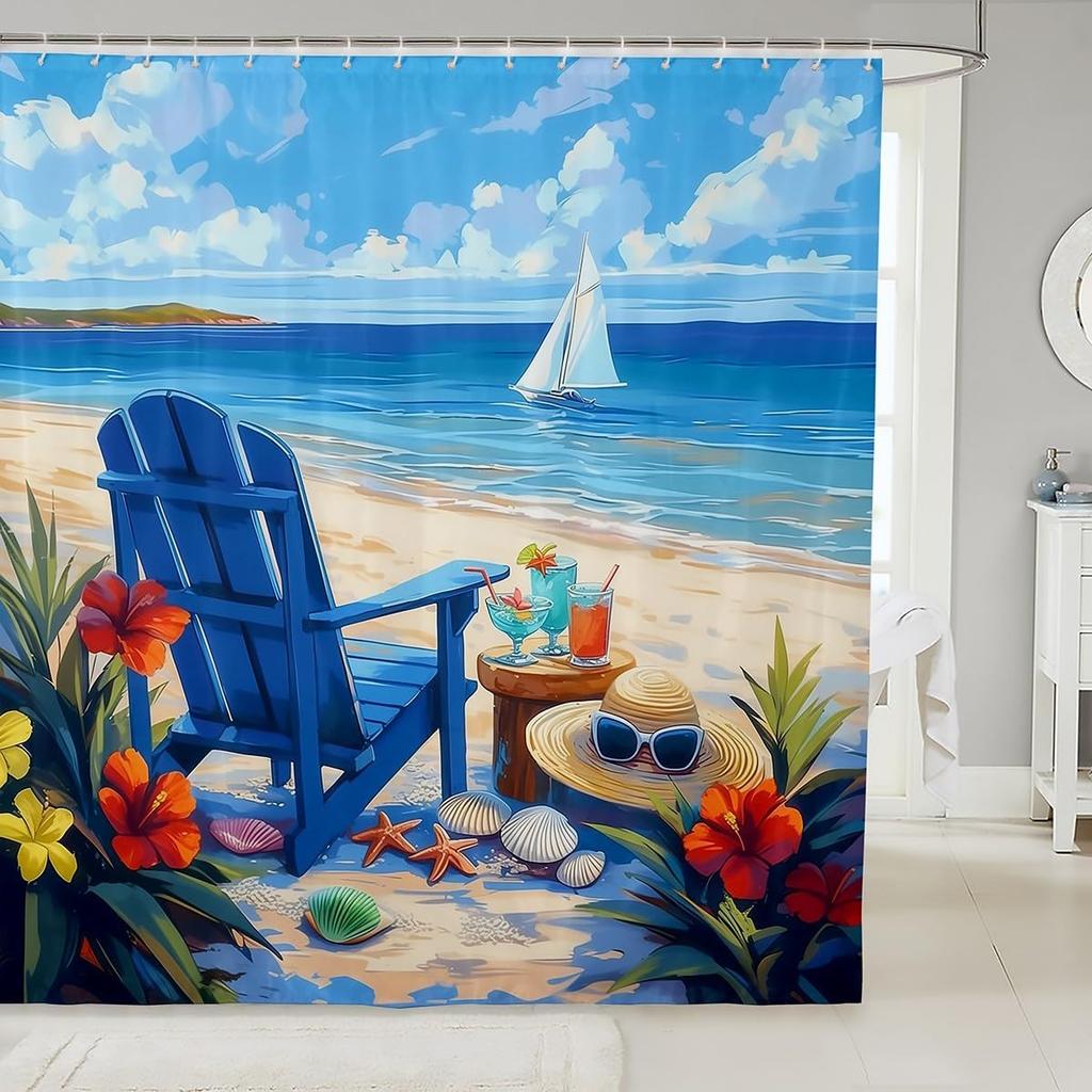 Süßer Hund Duschvorhang Surfing Hund Stoff Duschvorhänge für Badezimmer Sommer Ozean Küste Wasserdichtes Gewebe Kawaii Cartoon