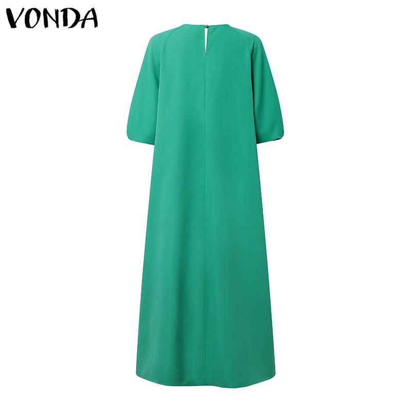 VONDA Elegnat Women Round Neck Batwing Sleeve Baggy Pleated Casual Maxi Dress