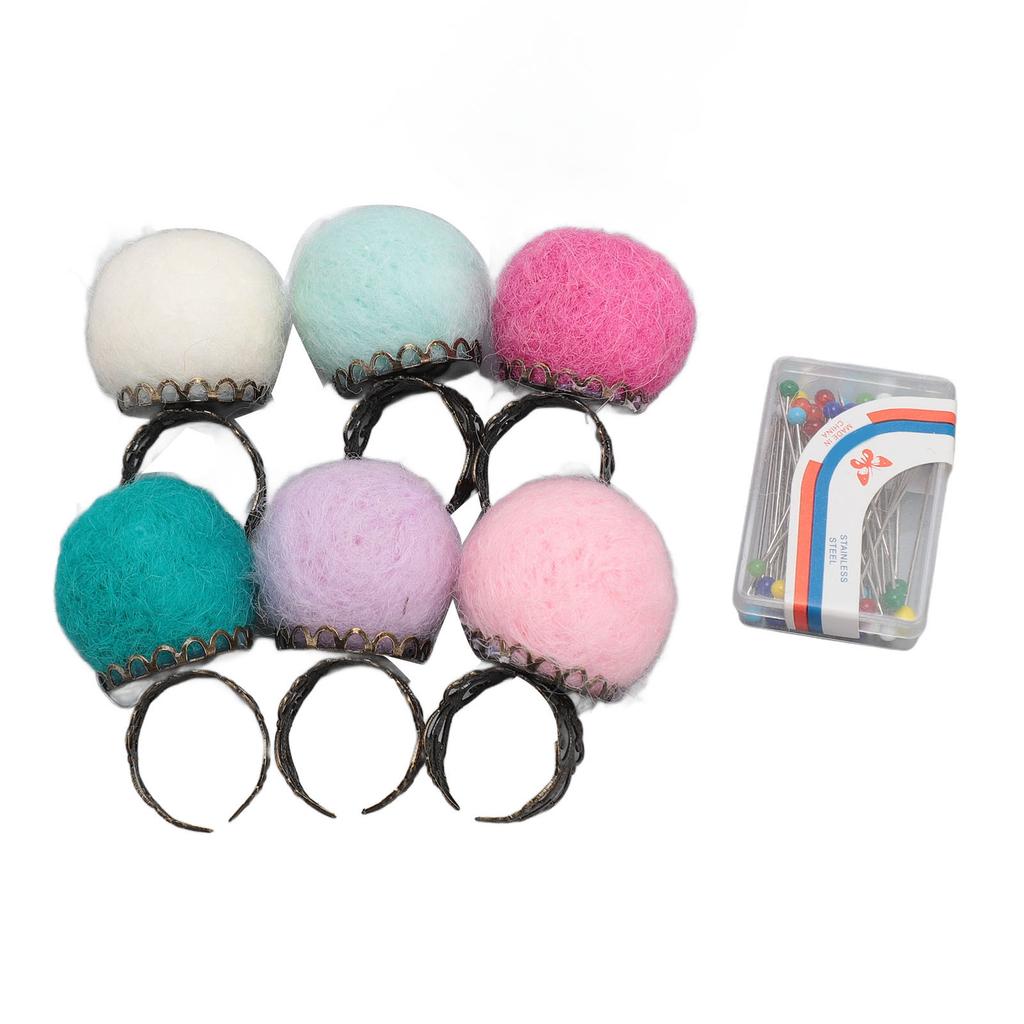 6pcs Felt Pin Cushion Rings with Fabric Pins Vintage Lightweight Finger Pin Cushions for DIY Crafts Quilting Light
