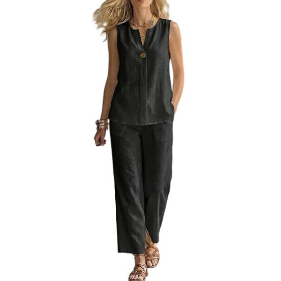 2 Piece Cotton Linen Women Sleeveless Sets for V S чёрный
