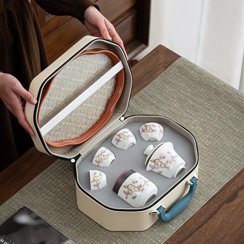 Portable tea set Wisteria flower cover bowl set Travel outdoor Kung Fu camping Dehua suet jade ceramic Kuaike tea set